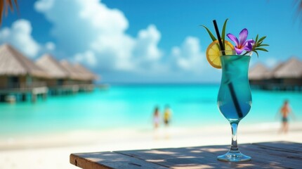 Refreshing blue cocktail on a tropical beach with overwater bungalows