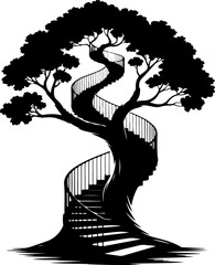 Captivating silhouette of a grand tree with an enchanting spiral staircase, symbolizing the continuous journey of growth, evolution, and the pursuit of aspirations