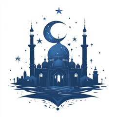 Majestic mosque silhouette with crescent moon and stars under a night sky at twilight offering a serene atmosphere