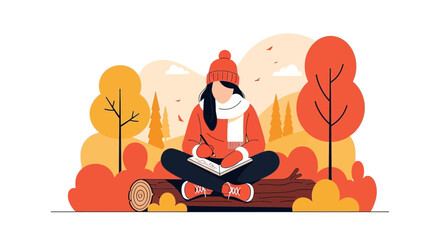 Illustration of a woman writing in a notebook while sitting on a log in nature scenes