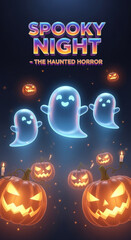 Spooky Halloween Night Party Poster with Cute Cartoon Ghosts and Glowing Pumpkins