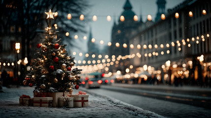 A decorated Christmas tree with red and gold ornaments, glowing star, and wrapped gifts stands on a snowy city street with festive lights and historic buildings.