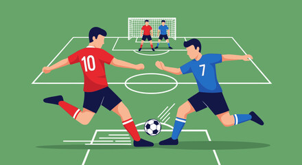 Illustration of a soccer match with two players kicking the ball on a green field
