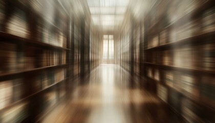 The image shows a long, narrow hallway with bookshelves on either side, the background is blurred, creating an impression of speed and movement.