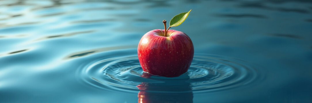 Red apple standing out in water, creating ripples, signifying freshness and purity. Refreshing apple in water, clean water provides hydration and symbolizes clarity. - Powered by Adobe