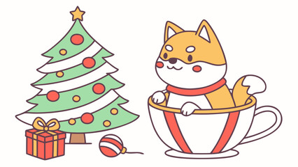 Grumpy Shiba inu with in a teacup, set in a charming Christmas theme – Festive Cheer color vector art