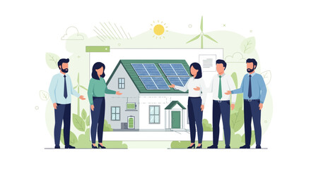 Illustration showing a group of people discussing ideas for solar panel installation on a house