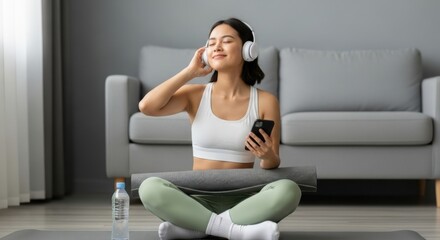 Young asian woman with headphones enjoying music on her phone while sitting on a yoga mat at home