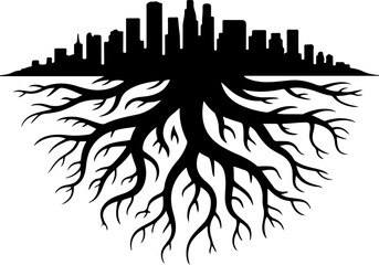 Conceptual graphic of a city skyline over extensive roots, symbolizing urban development's deep-seated foundations and sustainable growth