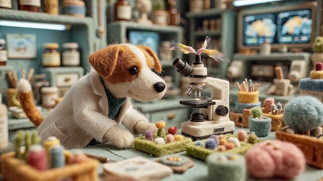 Animated dog doctor in a laboratory examining samples with microscope
