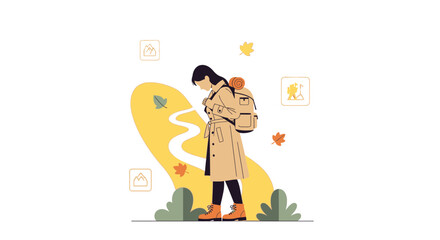 Naklejka premium Illustration of a woman hiking in the mountains with a backpack with an autumn theme