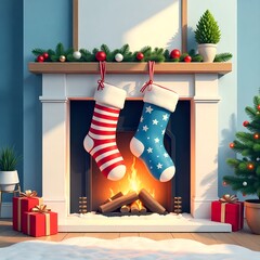 Illustration of two Christmas socks on a fireplace