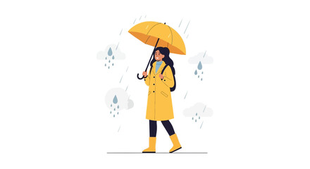 Illustration of a woman in yellow raincoat and boots with umbrella in the rain