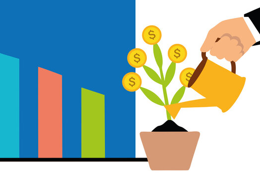 Hand Watering a Bar Chart Plant Growing from Coins. Investment Growth.