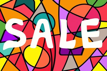 Colorful sale announcement with abstract shapes featuring vibrant colors and bold lettering