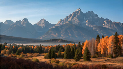 Majestic mountain range with golden autumn trees and morning mist mountains peak