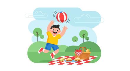 Joyful Boy Playing Outdoors During Summer Picnic with Food and Delicious Fruits