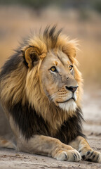 Obraz premium Male lion with golden mane resting on sandy ground looking to the right big cat feline
