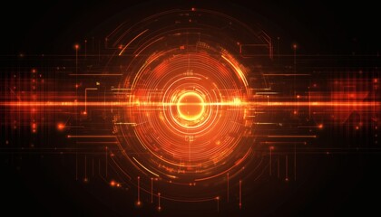 The illustration shows a dark background with a central glowing red circle surrounded by abstract circuitry and lines.