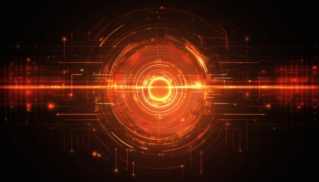 The illustration shows a dark background with a central glowing red circle surrounded by abstract circuitry and lines. - Powered by Adobe
