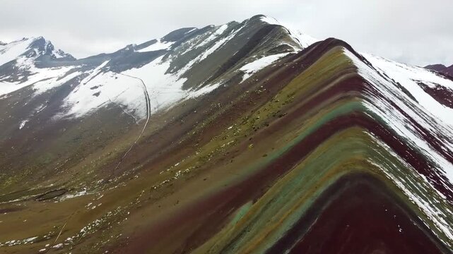 Aerial drone footage of Rainbow Mountain in the Peruvian Andes, Vinicunca, showing colorful striped peaks partly covered with snow and the surrounding vibrant mountains.