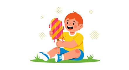 Joyful Child Biting Colorful Ice Cream Sitting on Grass on a Bright Summer Day
