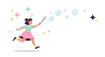 Joyful Child Blowing Bubbles In A Playful Illustration With Sparkling Elements