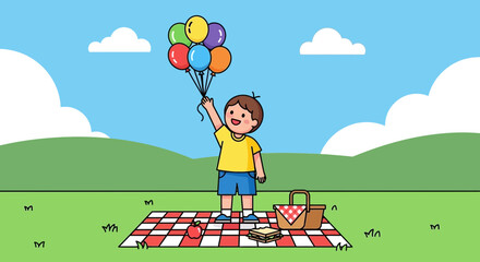 Joyful Child Embracing Colorful Air Balloons During Cheerful Picnic Experience