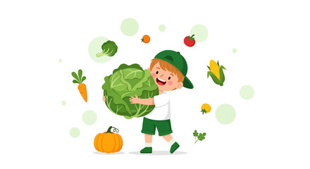 Joyful Child Embracing a Giant Cabbage with Assorted Vegetables Around in a Fun Vibrant Scene