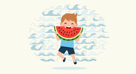 Joyful Child Embracing Watermelon Amidst Oceanic Waves, Summer Season Delightfulness