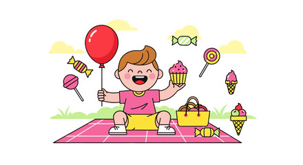 Joyful Child Enjoying Candies And Cupcakes On A Picnic Blanket, Illustration With Sweets