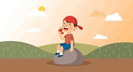 Joyful Child Enjoying Apple On A Sunny Day, Outdoor Cartoon Illustration.