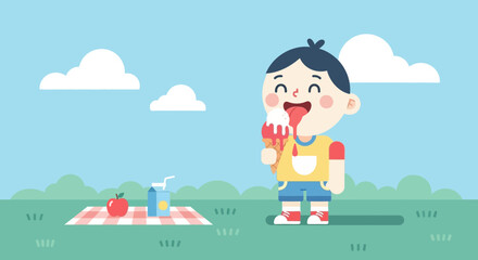 Joyful Child Enjoying Ice Cream Outdoors On A Sunny Day With Picnic Essentials
