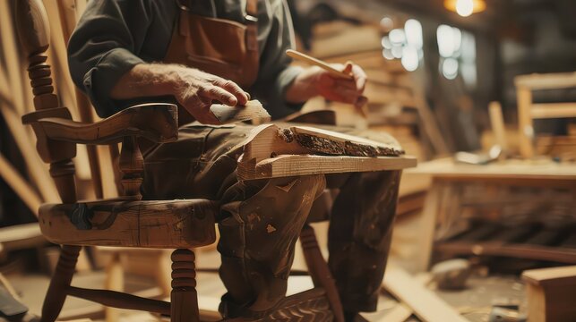 A craftsman working on a piece of wood while sitting on a wooden chair in a cluttered workshop