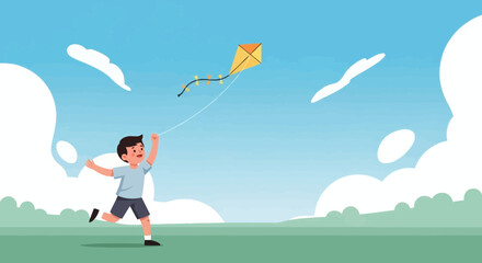 Joyful Child Flying Kite, Happy Moments of Recreation in a Sunny Outdoor Scenario