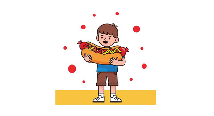 Joyful Child Holding A Giant Hotdog, Smiling And Standing Proudly With A Big Meal