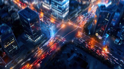 Obraz premium Aerial view of a bustling city intersection at night, showcasing vibrant traffic and illuminated buildings