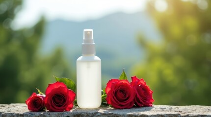 Clear glass spray bottle with rose water surrounded by red roses outdoors