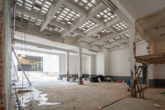 Interior view of an industrial structure under renovation