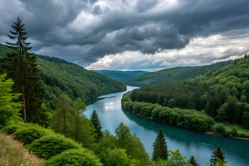Serene blue river winding through lush green forested hills under dramatic clouds water landscape
