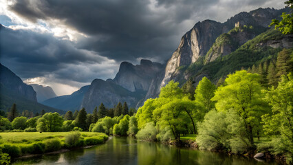 Serene mountain valley with river and lush green trees under dramatic clouds stream water