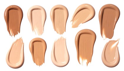Fototapeta premium A variety of foundation shades are displayed in a clean, artistic arrangement against a pure white background.