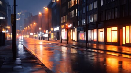 Rain-soaked city street at night, illuminated by warm lights from buildings, creating a vibrant urban atmosphere