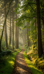 Fototapeta premium Sunlit forest path winding through tall trees and lush green foliage trail woods
