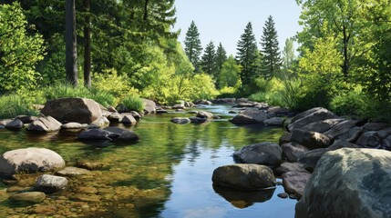 Serene river flowing through lush green forest, reflecting trees and rocks under clear blue sky