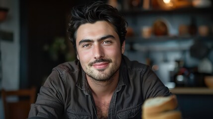 Portrait of a handsome man with dark hair and a slight smile wearing a button down shirt indoors