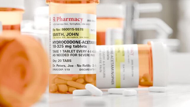 Slow Dolly Camera Movement Hydrocodone Prescription Medicine Bottle and Pills Resting on a Bathroom Countertop. 