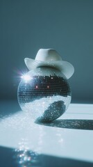 A disco ball adorned with a cowboy hat reflecting colorful lights, blending retro dance vibes with western style.