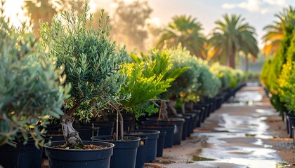 A sunny nursery displays rows of potted olive and other ornamental trees.