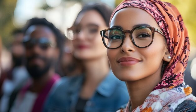 A young woman with glasses and a patterned headscarf smiles gently for the camera; other people are visible but out of focus behind her.